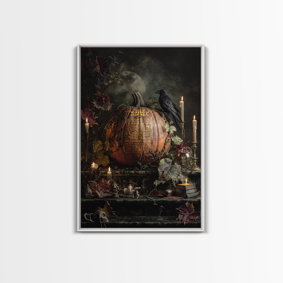 The Gold-Crowned Pumpkin Oracle - Occult Still Life, Macabre Halloween Art, Vertical Wall Art, Framed Canvas Print, Halloween Home Decor