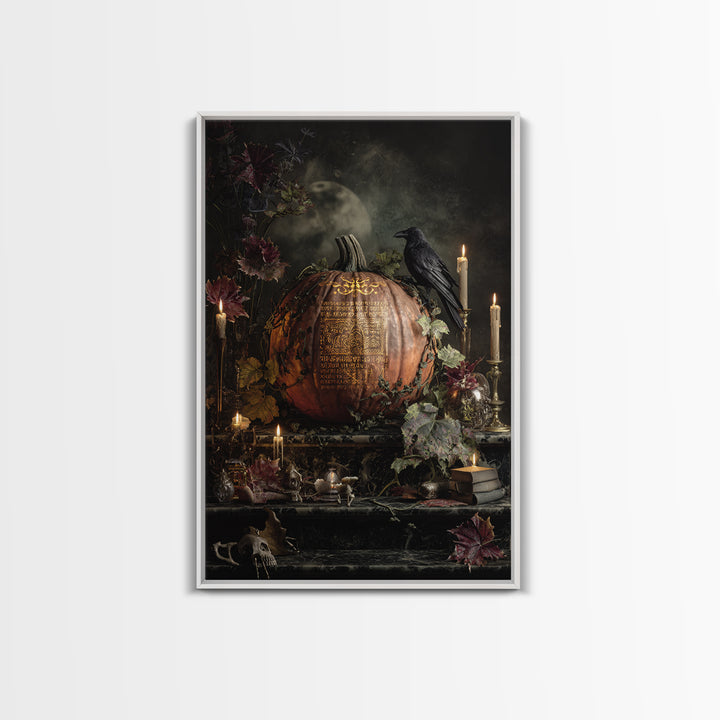 The Gold-Crowned Pumpkin Oracle - Occult Still Life, Macabre Halloween Art, Vertical Wall Art, Framed Canvas Print, Halloween Home Decor
