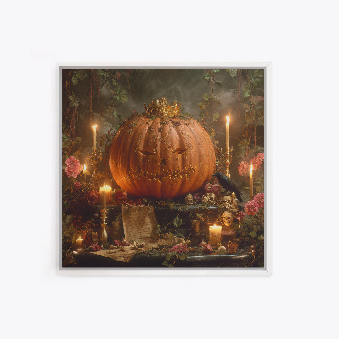 The Gold-Crowned Pumpkin Oracle - Occult Still Life, Gothic Home Decor, Square Wall Art, Canvas Print, Halloween Home Decor, Gothic Wall Art