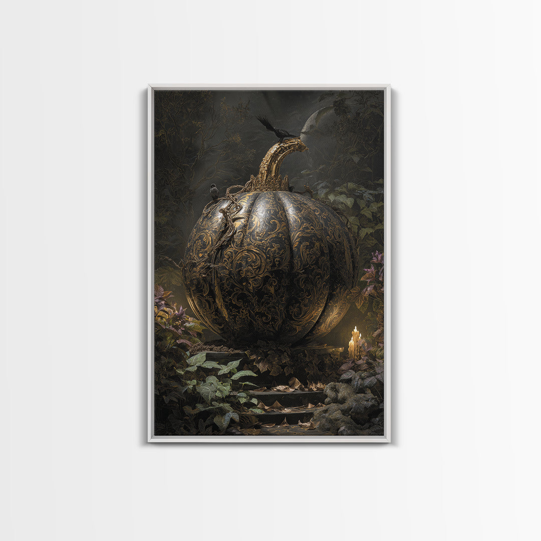 The Gold-Crowned Pumpkin Oracle - Procession Scene, Halloween Wall Art, Vertical Wall Art, Framed Canvas Print, Halloween Home Decor