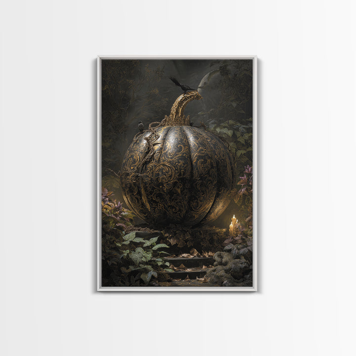 The Gold-Crowned Pumpkin Oracle - Procession Scene, Halloween Wall Art, Vertical Wall Art, Framed Canvas Print, Halloween Home Decor