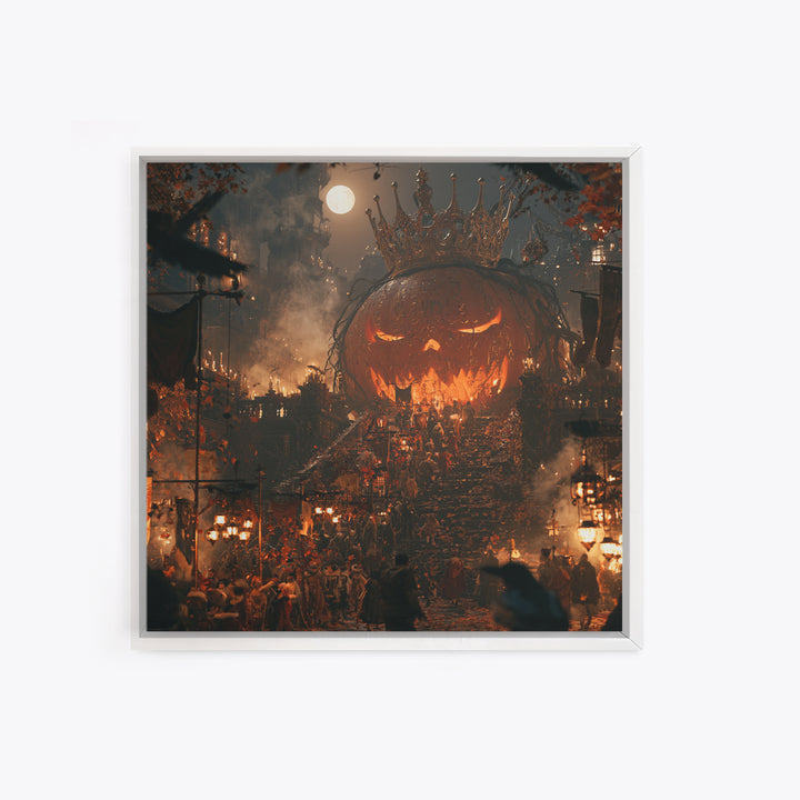 The Gold-Crowned Pumpkin Oracle - Procession Scene, Dark Fantasy Wall Art, Square Wall Art, Canvas Print, Halloween Home Decor