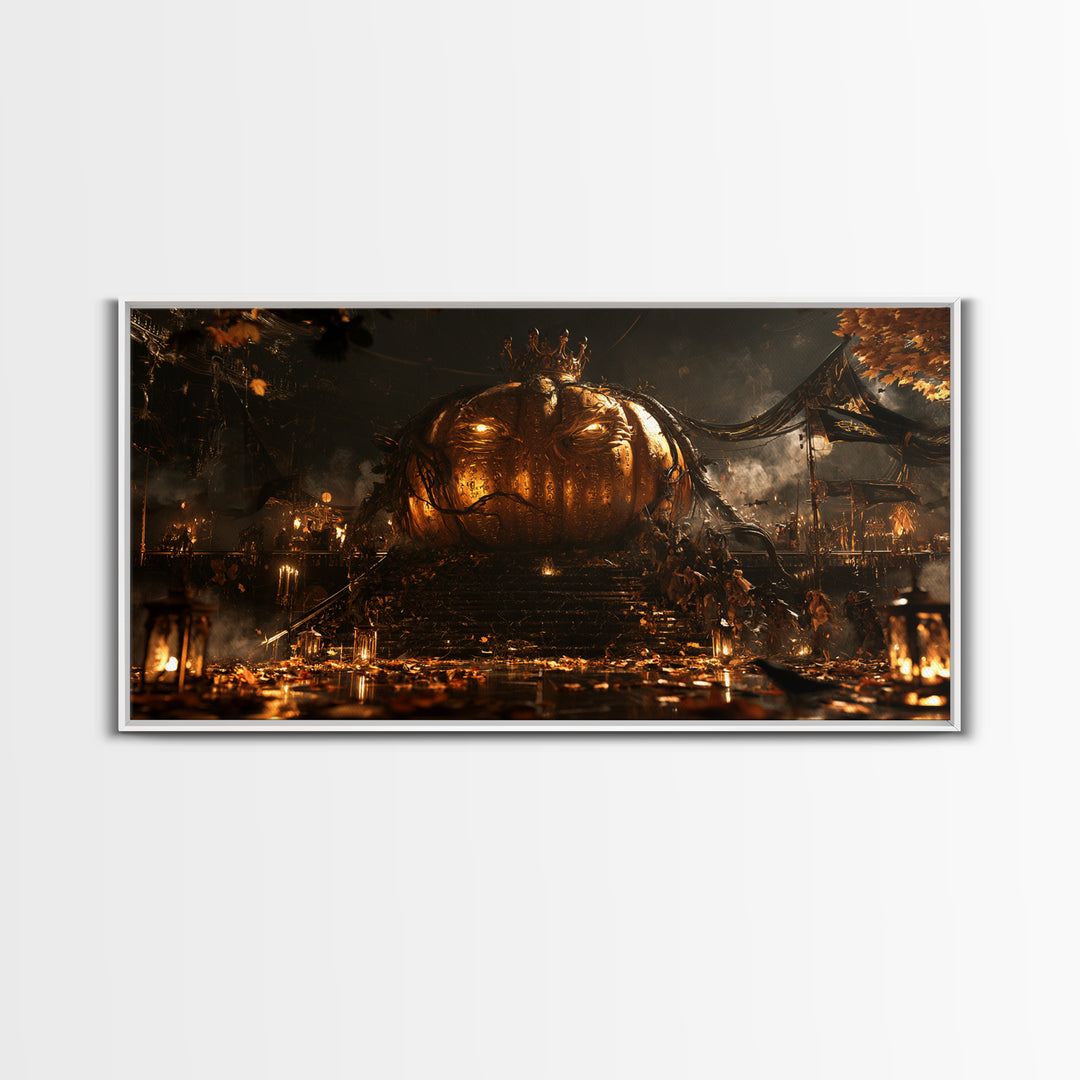 The Gold-Crowned Pumpkin Oracle - Procession Scene, Halloween Wall Art, Wide Panoramic Art, Framed Canvas Print, Halloween Home Decor