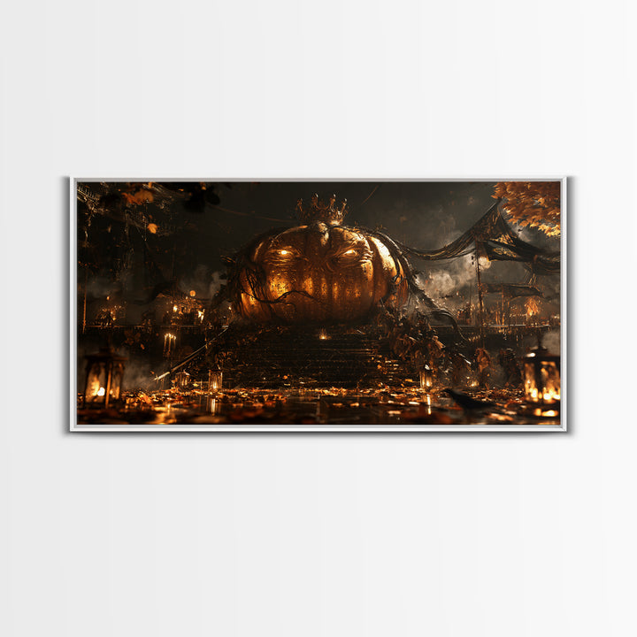 The Gold-Crowned Pumpkin Oracle - Procession Scene, Halloween Wall Art, Wide Panoramic Art, Framed Canvas Print, Halloween Home Decor