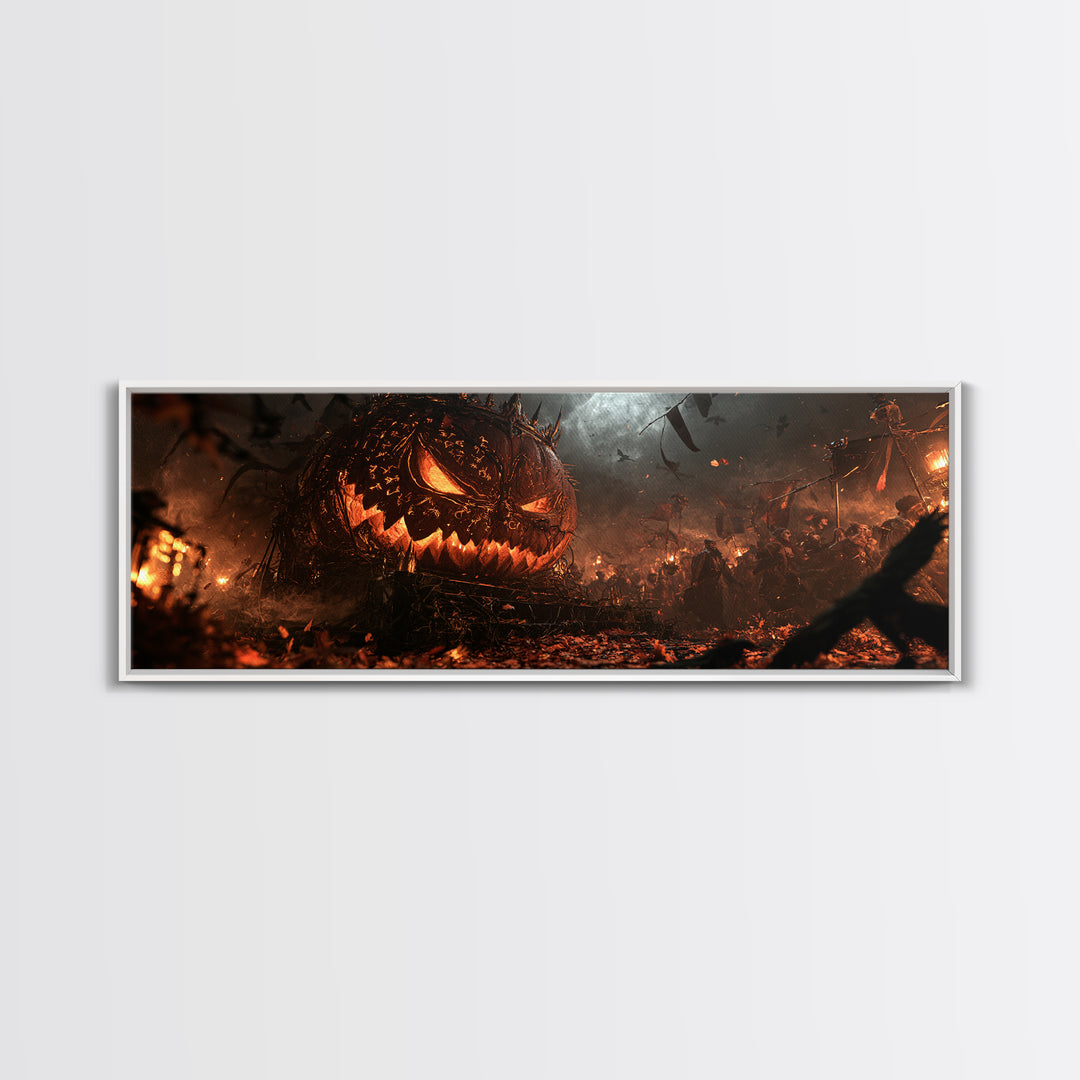 The Gold-Crowned Pumpkin Oracle - Procession Scene, Macabre Halloween Art, Extra Wide Wall Art, Framed Canvas Print, Halloween Home Decor