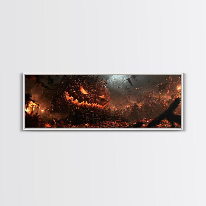 The Gold-Crowned Pumpkin Oracle - Procession Scene, Macabre Halloween Art, Extra Wide Wall Art, Framed Canvas Print, Halloween Home Decor