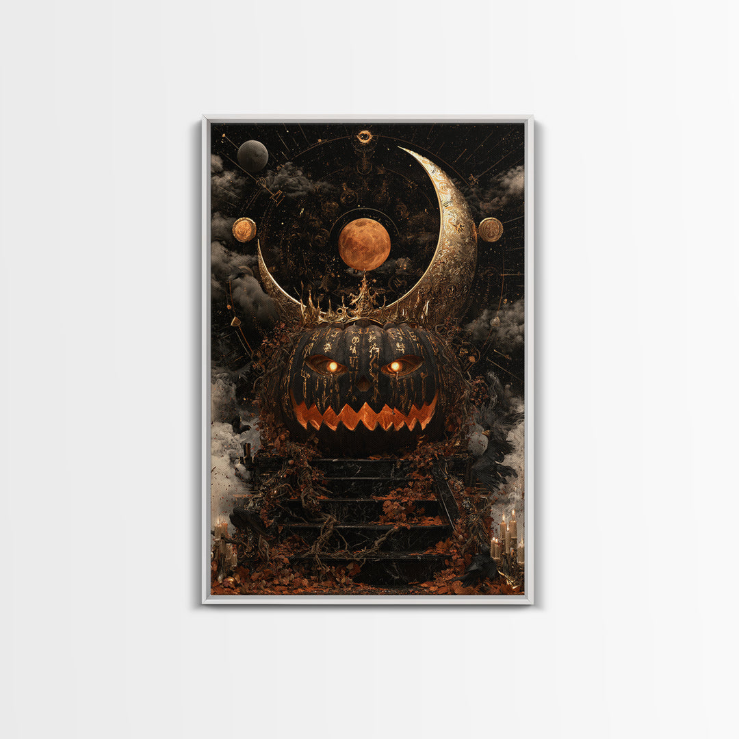 The Gold-Crowned Pumpkin Oracle - Surreal Celestial Vision, Spooky Wall Decor, Vertical Wall Art, Framed Canvas Print, Halloween Home Decor