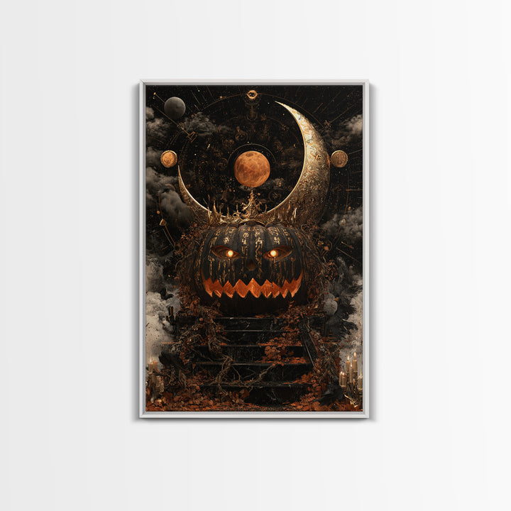The Gold-Crowned Pumpkin Oracle - Surreal Celestial Vision, Spooky Wall Decor, Vertical Wall Art, Framed Canvas Print, Halloween Home Decor