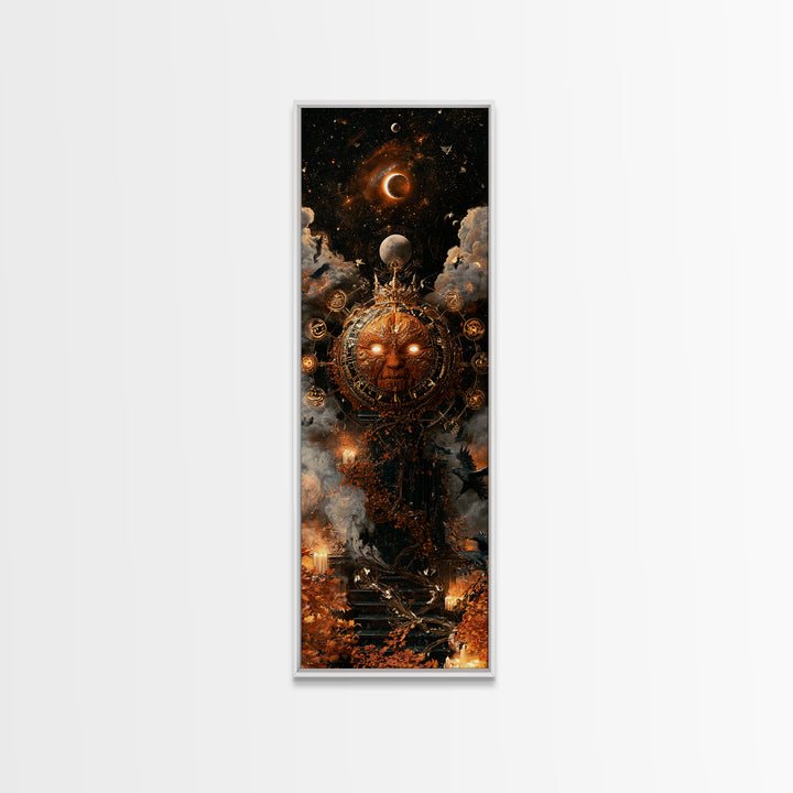The Gold-Crowned Pumpkin Oracle - Surreal Celestial Vision, Gothic Home Decor, Tall Narrow Wall Art, Canvas Print, Halloween Home Decor