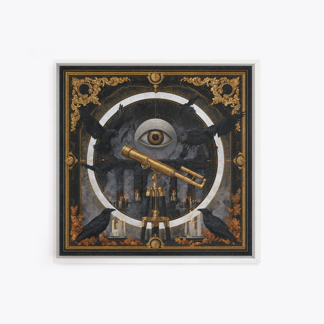 The Midnight Raven Observatory - Icon Portrait, Spooky Wall Decor, Square Wall Art, Framed Canvas Print, Halloween Home Decor