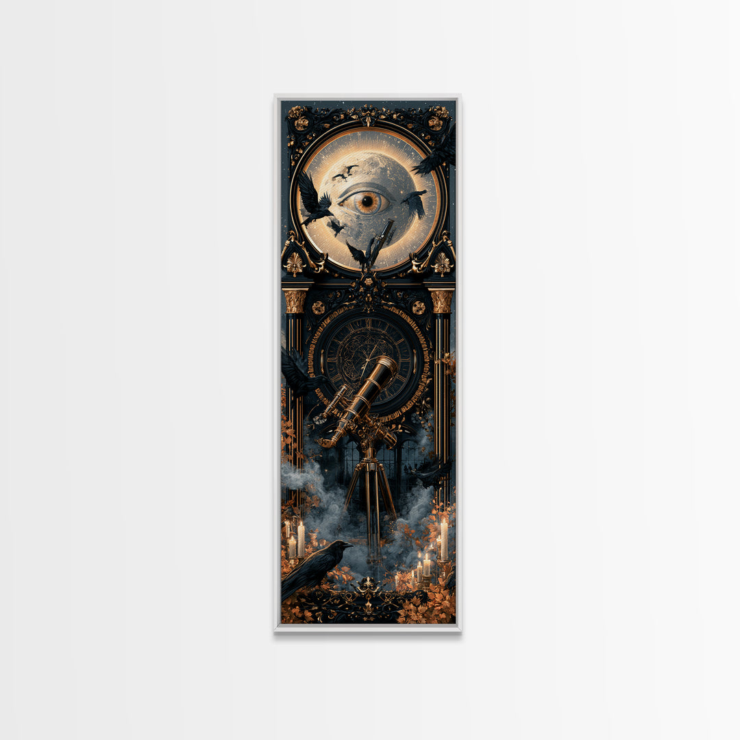 The Midnight Raven Observatory - Icon Portrait, Macabre Halloween Art, Tall Narrow Wall Art, Framed Canvas Print, Halloween Home Decor