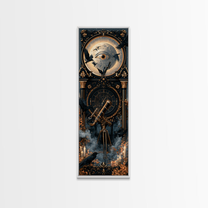The Midnight Raven Observatory - Icon Portrait, Macabre Halloween Art, Tall Narrow Wall Art, Framed Canvas Print, Halloween Home Decor