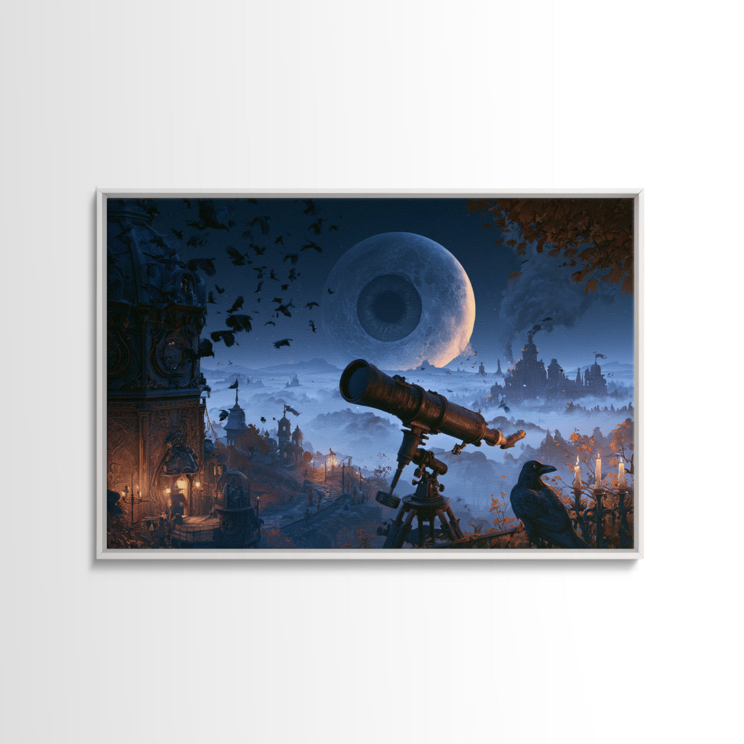 The Midnight Raven Observatory - Environmental Panorama, Halloween Wall Art, Landscape Wall Art, Framed Canvas Print, Halloween Home Decor