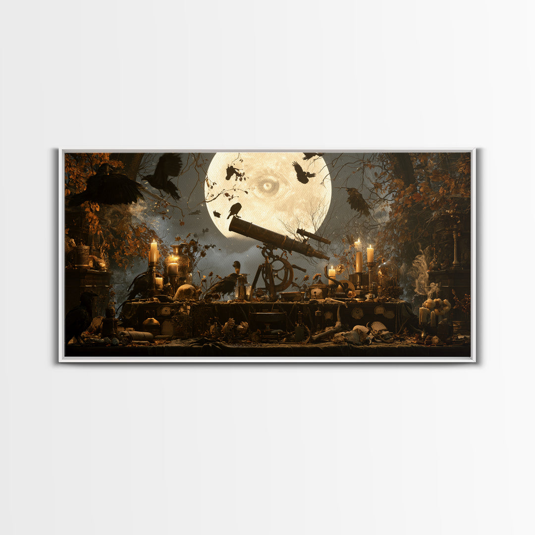 The Midnight Raven Observatory - Occult Still Life, Gothic Home Decor, Wide Panoramic Art, Canvas Print, Halloween Home Decor