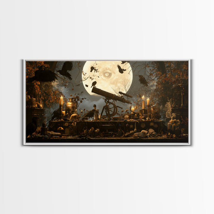 The Midnight Raven Observatory - Occult Still Life, Gothic Home Decor, Wide Panoramic Art, Canvas Print, Halloween Home Decor