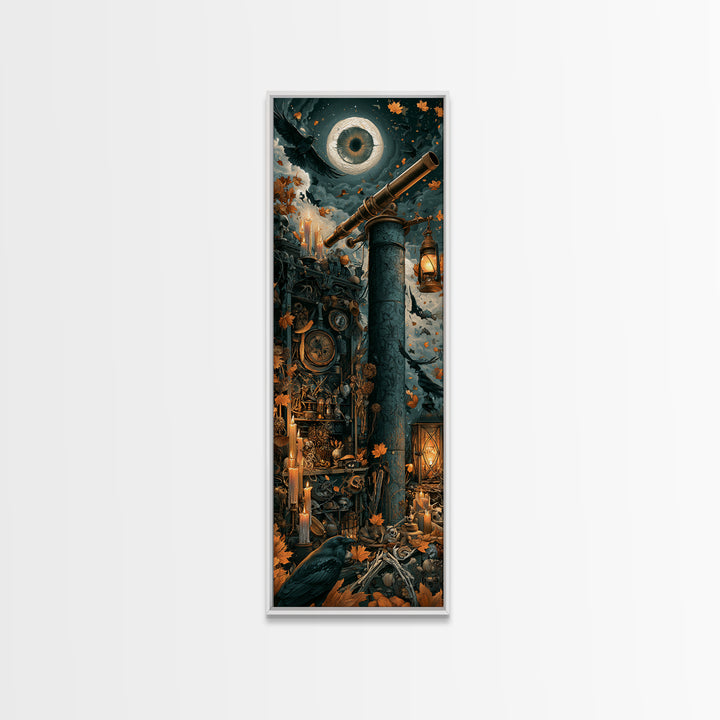 The Midnight Raven Observatory - Occult Still Life, Spooky Wall Decor, Tall Narrow Wall Art, Framed Canvas Print, Halloween Home Decor