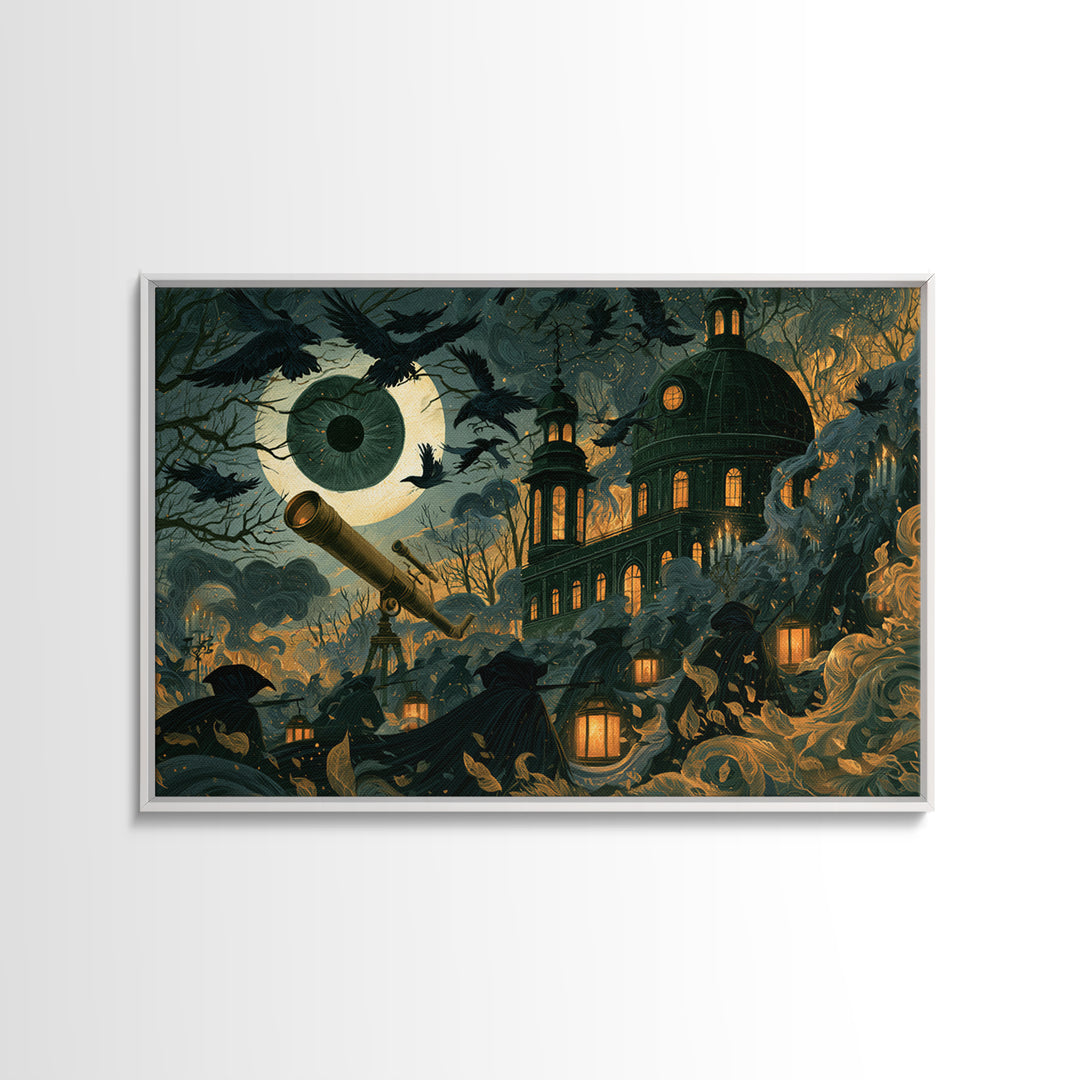 The Midnight Raven Observatory - Procession Scene, Halloween Wall Art, Landscape Wall Art, Framed Canvas Print, Halloween Home Decor