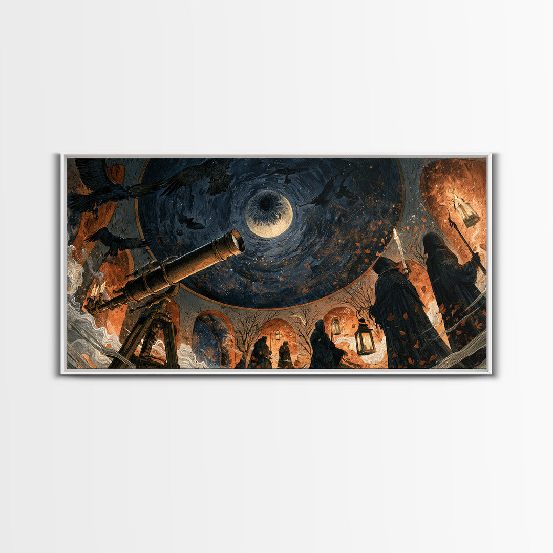 The Midnight Raven Observatory - Procession Scene, Spooky Wall Decor, Wide Panoramic Art, Framed Canvas Print, Halloween Home Decor