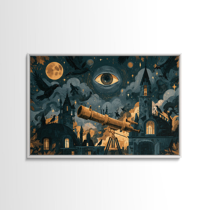 The Midnight Raven Observatory - Surreal Celestial Vision, Dark Fantasy Wall Art, Landscape Wall Art, Canvas Print, Halloween Home Decor