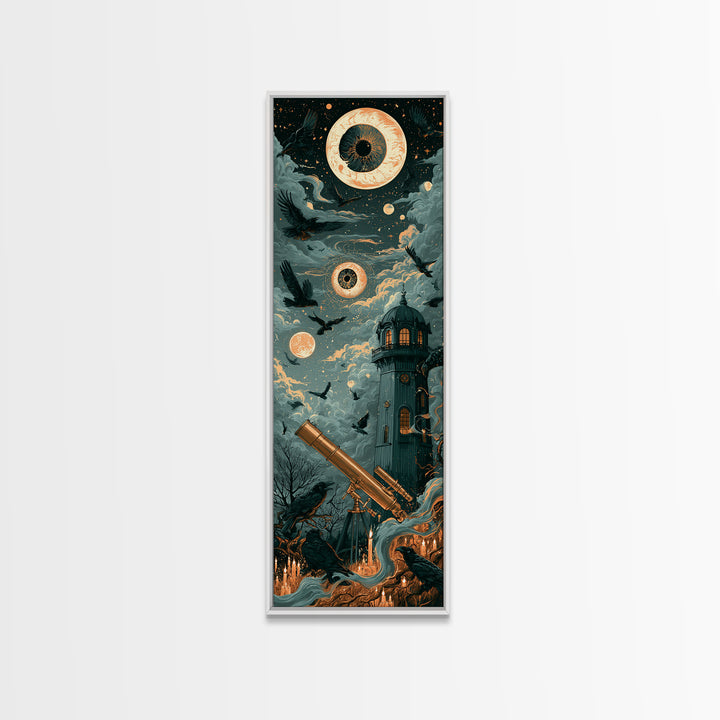 The Midnight Raven Observatory - Surreal Celestial Vision, Halloween Wall Art, Tall Narrow Wall Art, Framed Canvas Print, Gothic Wall Art