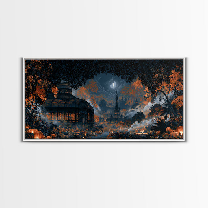 The Black Lace Haunted Conservatory - Environmental Panorama, Halloween Wall Art, Wide Panoramic Art, Framed Canvas Print, Gothic Wall Art