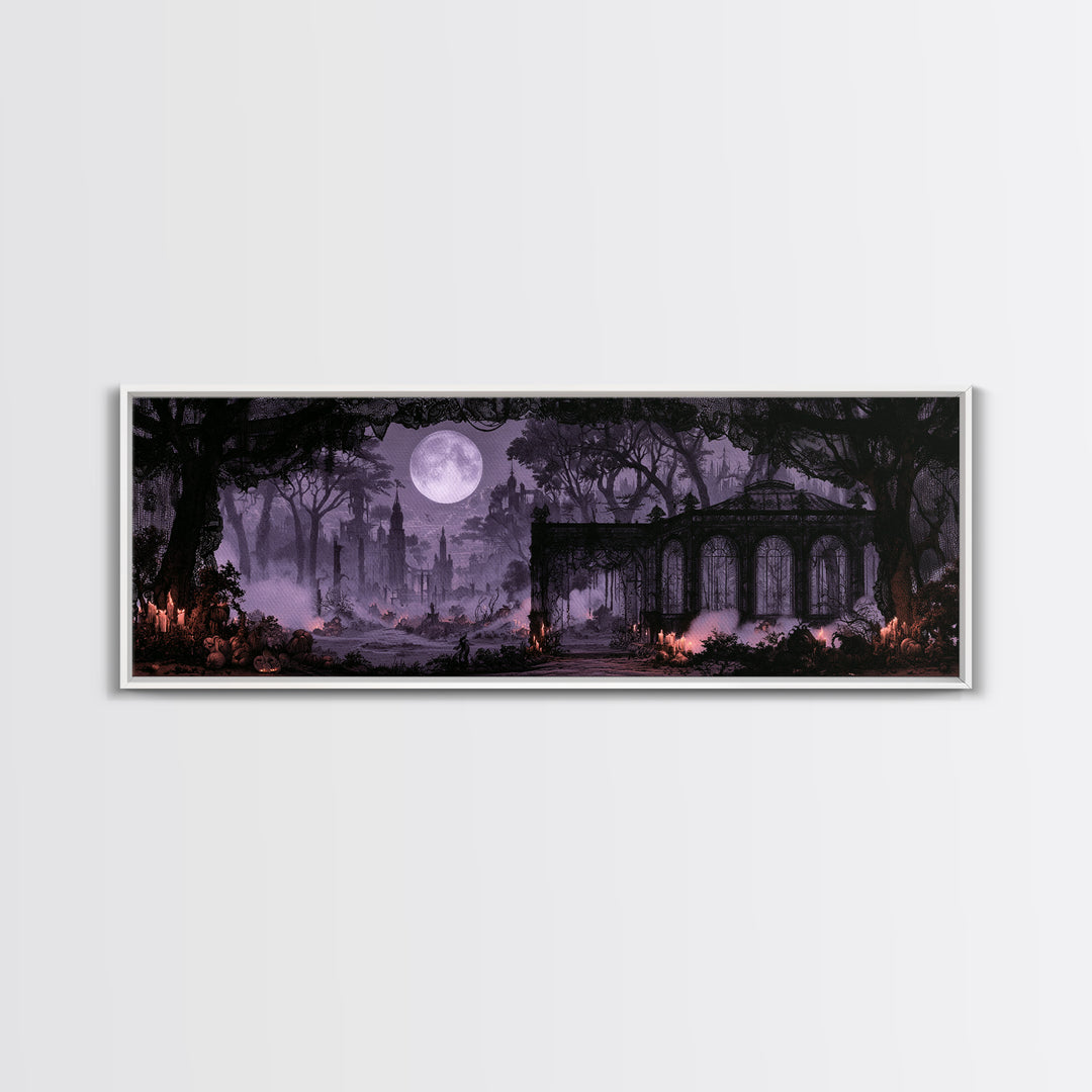 The Black Lace Haunted Conservatory - Environmental Panorama, Halloween Wall Art, Extra Wide Wall Art, Framed Canvas Print, Gothic Wall Art