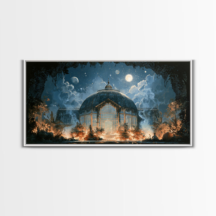 The Black Lace Haunted Conservatory - Surreal Celestial Vision, Occult Wall Decor, Wide Panoramic Art, Canvas Print, Halloween Home Decor