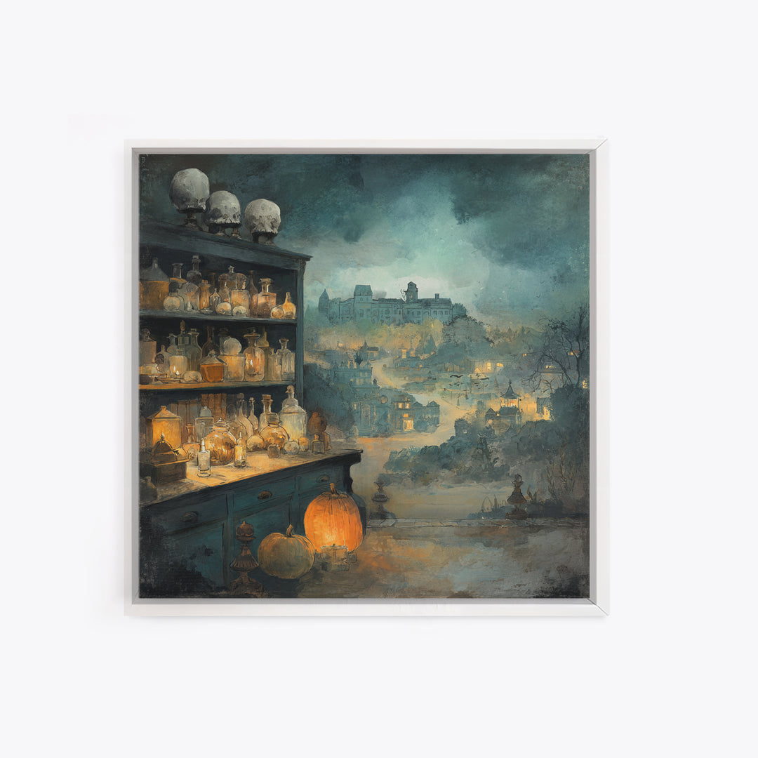 The Candlelit Skull Apothecary - Environmental Panorama, Dark Fantasy Wall Art, Square Wall Art, Canvas Print, Halloween Home Decor