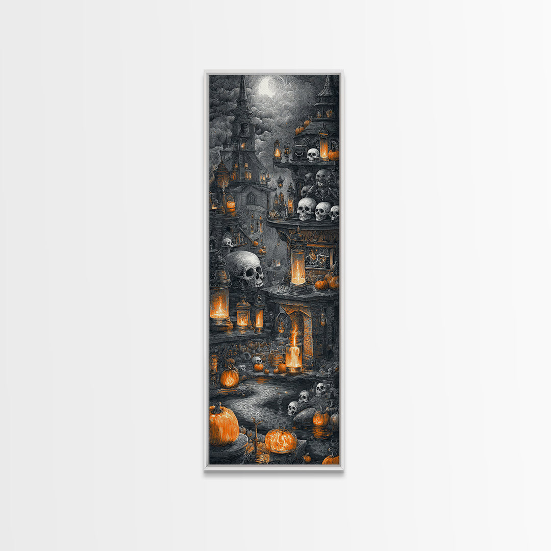 The Candlelit Skull Apothecary - Environmental Panorama, Macabre Halloween Art, Tall Narrow Wall Art, Framed Canvas Print, Gothic Wall Art