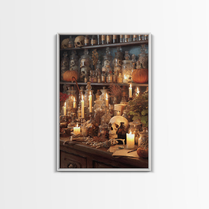 The Candlelit Skull Apothecary - Occult Still Life, Macabre Halloween Art, Vertical Wall Art, Framed Canvas Print, Halloween Home Decor