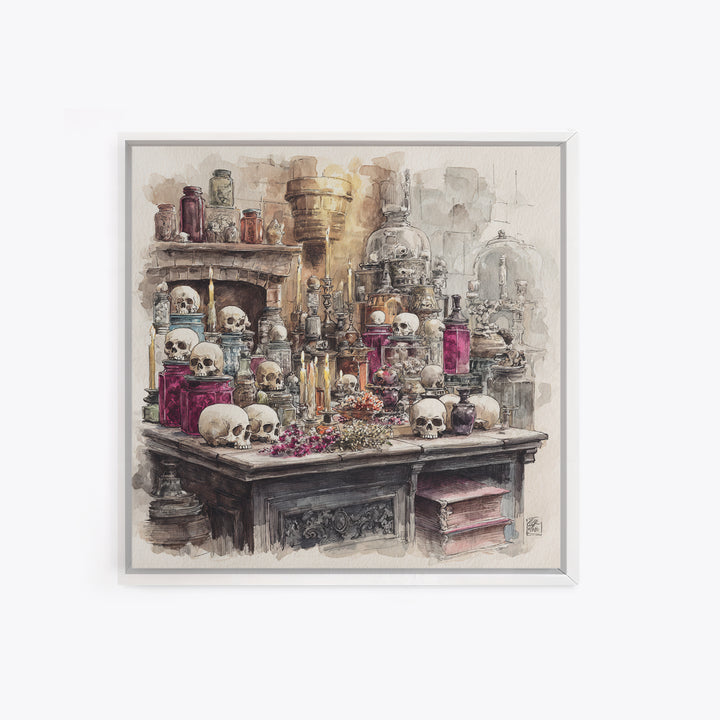 The Candlelit Skull Apothecary - Occult Still Life, Macabre Halloween Art, Square Wall Art, Framed Canvas Print, Halloween Home Decor