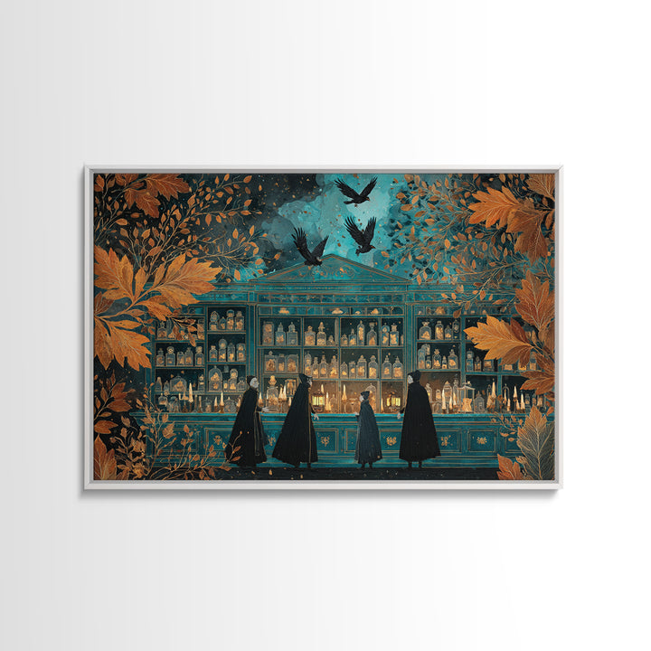 The Candlelit Skull Apothecary - Procession Scene, Spooky Wall Decor, Landscape Wall Art, Framed Canvas Print, Halloween Home Decor