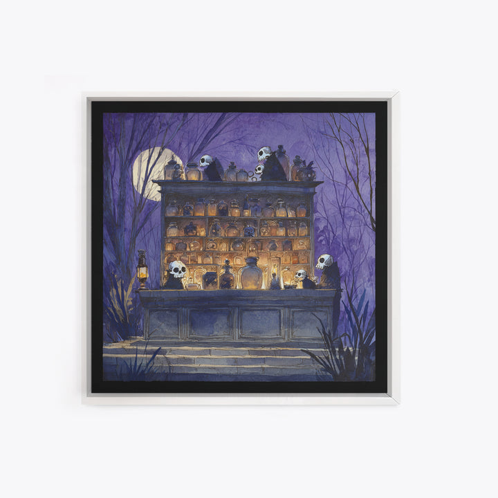 The Candlelit Skull Apothecary - Procession Scene, Macabre Halloween Art, Square Wall Art, Framed Canvas Print, Halloween Home Decor