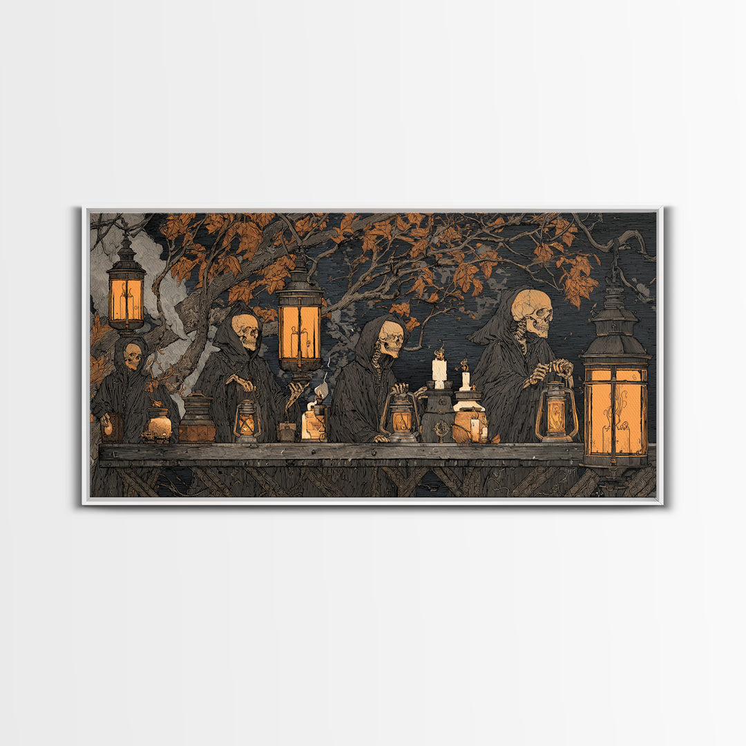 The Candlelit Skull Apothecary - Procession Scene, Spooky Wall Decor, Wide Panoramic Art, Framed Canvas Print, Halloween Home Decor