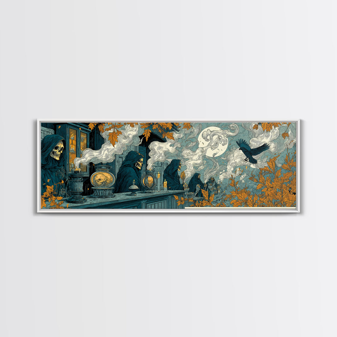 The Candlelit Skull Apothecary - Procession Scene, Macabre Halloween Art, Extra Wide Wall Art, Framed Canvas Print, Halloween Home Decor