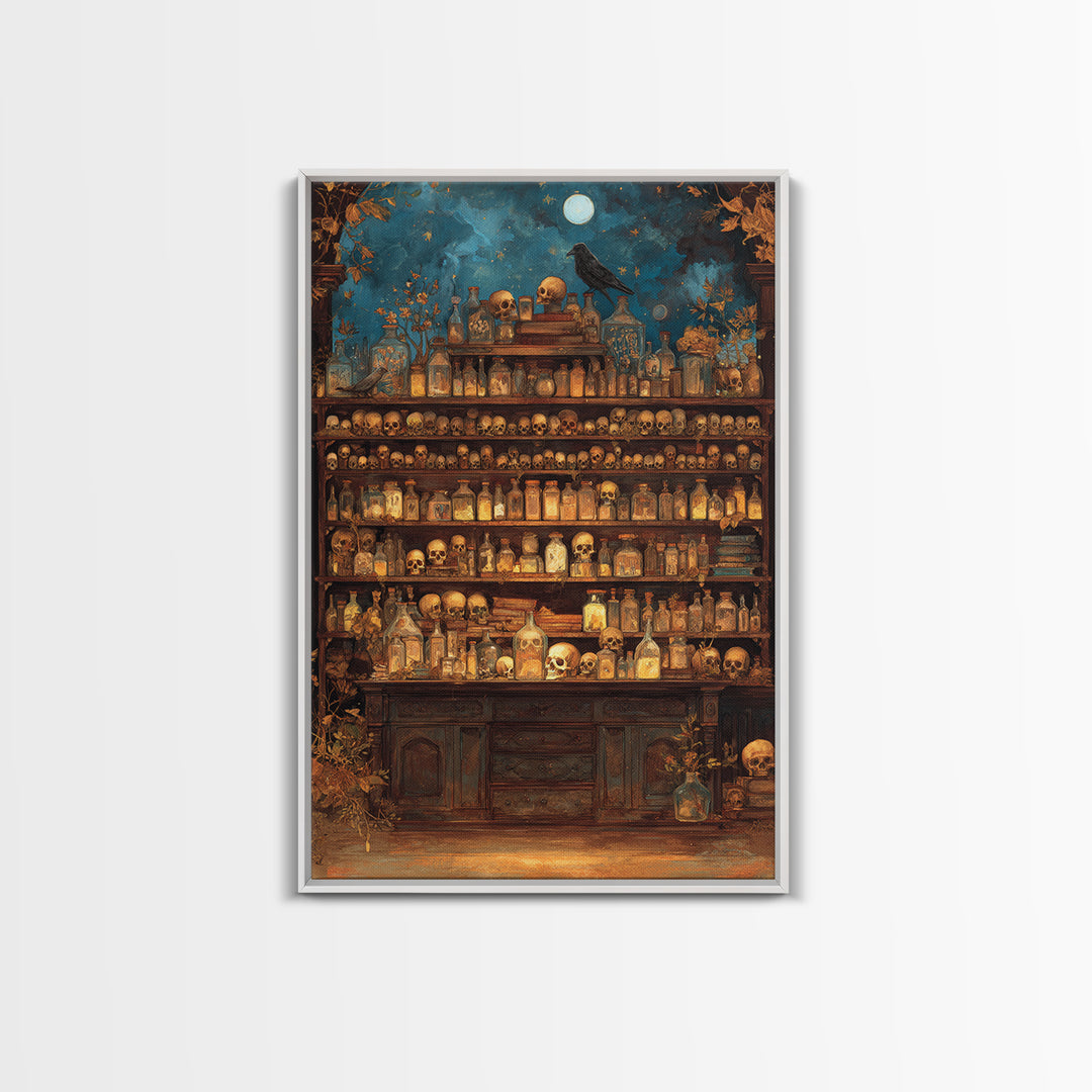 The Candlelit Skull Apothecary - Surreal Celestial Vision, Spooky Wall Decor, Vertical Wall Art, Framed Canvas Print, Halloween Home Decor