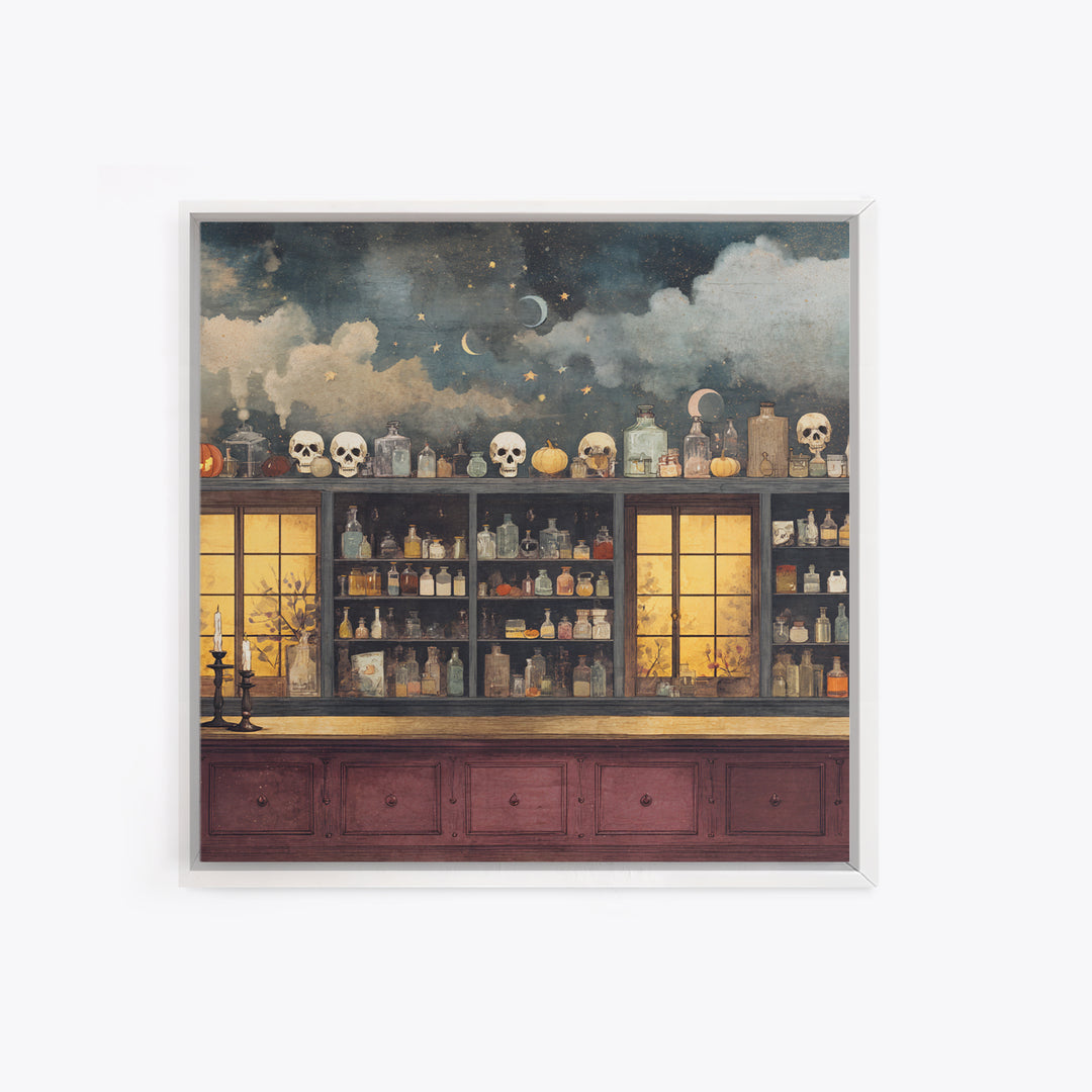 The Candlelit Skull Apothecary - Surreal Celestial Vision, Macabre Halloween Art, Square Wall Art, Framed Canvas Print, Halloween Home Decor