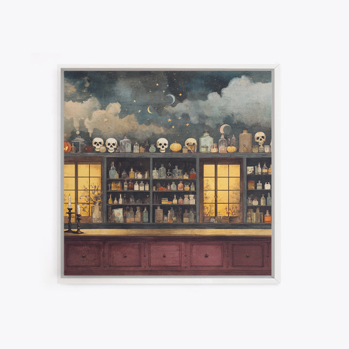 The Candlelit Skull Apothecary - Surreal Celestial Vision, Macabre Halloween Art, Square Wall Art, Framed Canvas Print, Halloween Home Decor