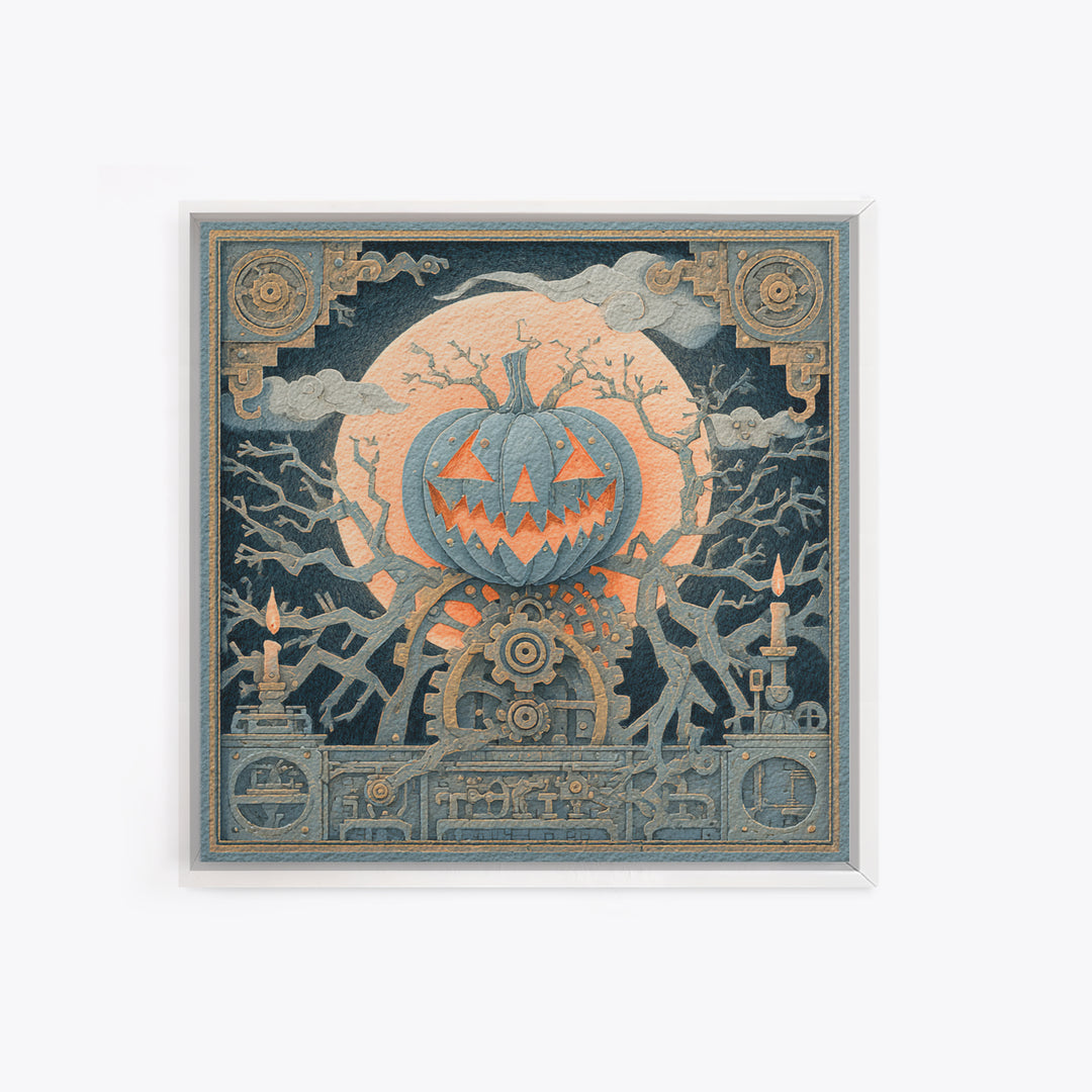 The Clockwork Jack-O-Lantern - Icon Portrait, Macabre Halloween Art, Square Wall Art, Framed Canvas Print, Halloween Home Decor