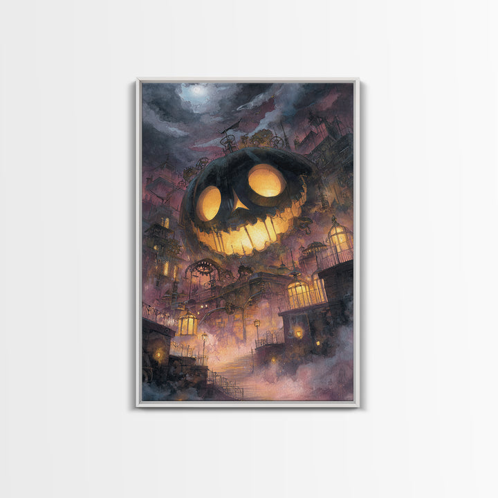The Clockwork Jack-O-Lantern - Environmental Panorama, Macabre Halloween Art, Vertical Wall Art, Framed Canvas Print, Halloween Home Decor