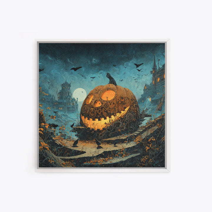The Clockwork Jack-O-Lantern - Environmental Panorama, Macabre Halloween Art, Square Wall Art, Framed Canvas Print, Halloween Home Decor