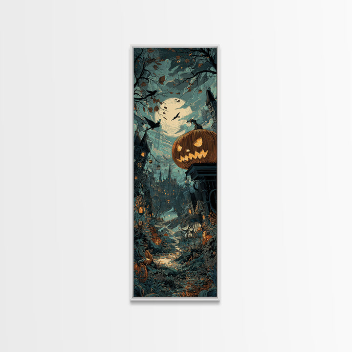 The Clockwork Jack-O-Lantern - Environmental Panorama, Dark Fantasy Wall Art, Tall Narrow Wall Art, Canvas Print, Halloween Home Decor