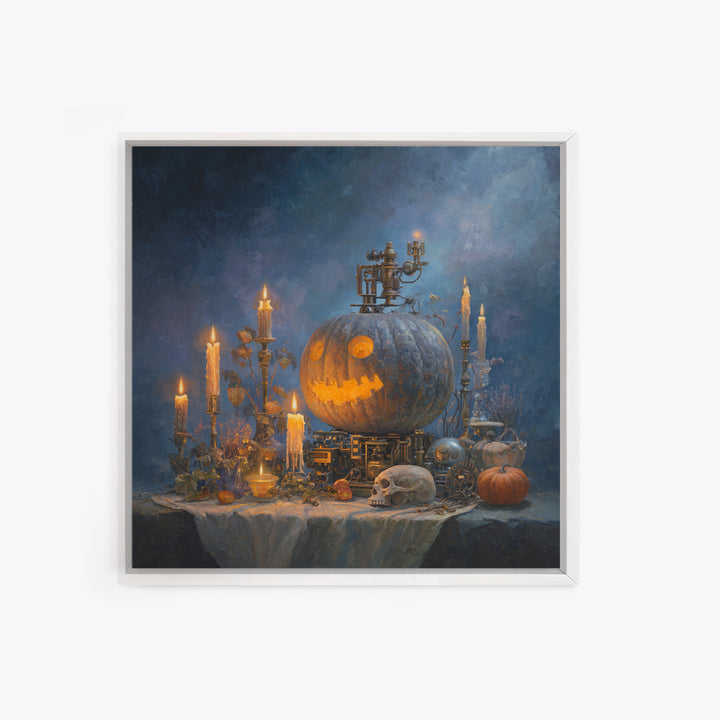 The Clockwork Jack-O-Lantern - Occult Still Life, Halloween Wall Art, Square Wall Art, Framed Canvas Print, Halloween Home Decor