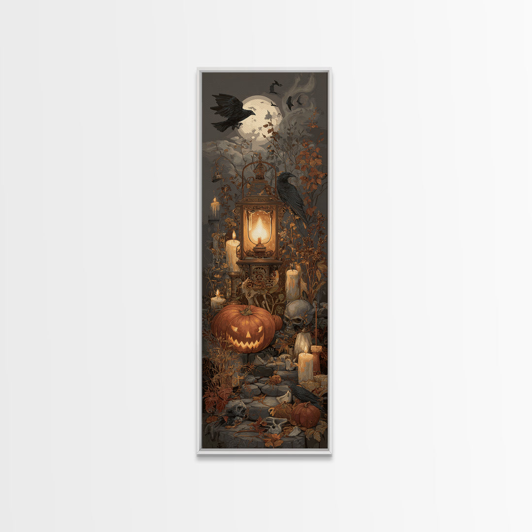 The Clockwork Jack-O-Lantern - Occult Still Life, Halloween Wall Art, Tall Narrow Wall Art, Framed Canvas Print, Halloween Home Decor