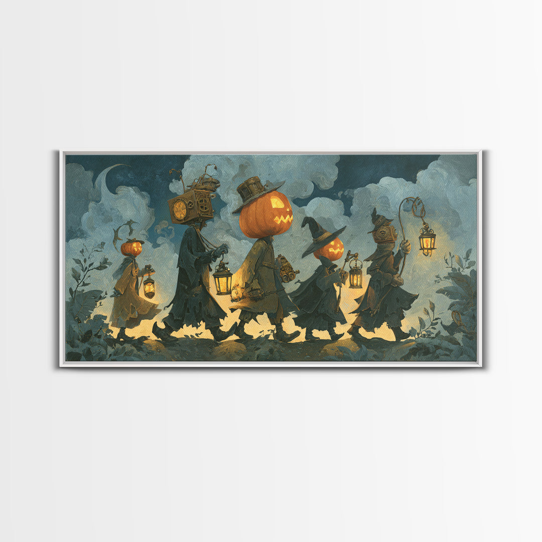 The Clockwork Jack-O-Lantern - Procession Scene, Gothic Home Decor, Wide Panoramic Art, Canvas Print, Halloween Home Decor, Gothic Wall Art