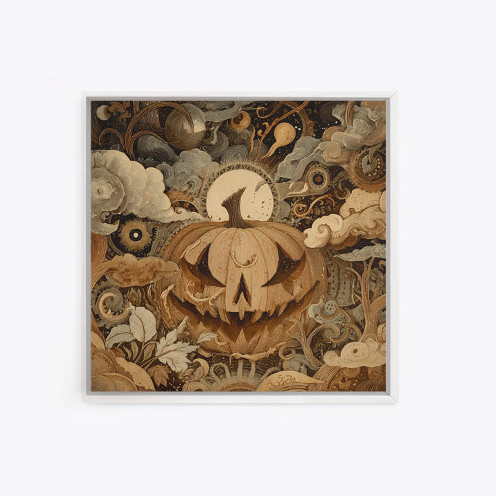 The Clockwork Jack-O-Lantern - Surreal Celestial Vision, Spooky Wall Decor, Square Wall Art, Framed Canvas Print, Halloween Home Decor