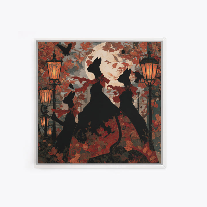 The Moonlit Cat Masquerade - Icon Portrait, Macabre Halloween Art, Square Wall Art, Framed Canvas Print, Halloween Home Decor