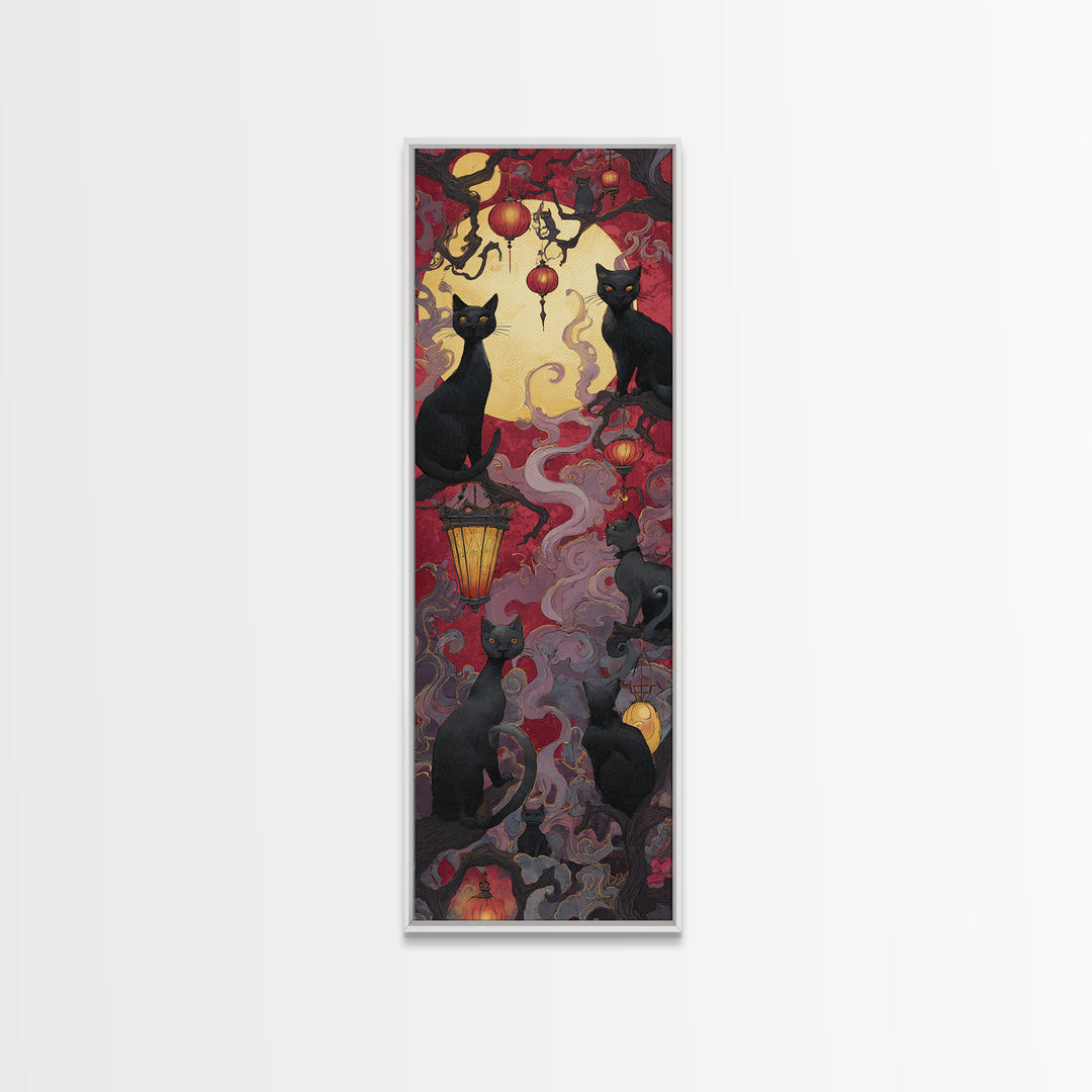 The Moonlit Cat Masquerade - Icon Portrait, Occult Wall Decor, Tall Narrow Wall Art, Canvas Print, Halloween Home Decor, Gothic Wall Art