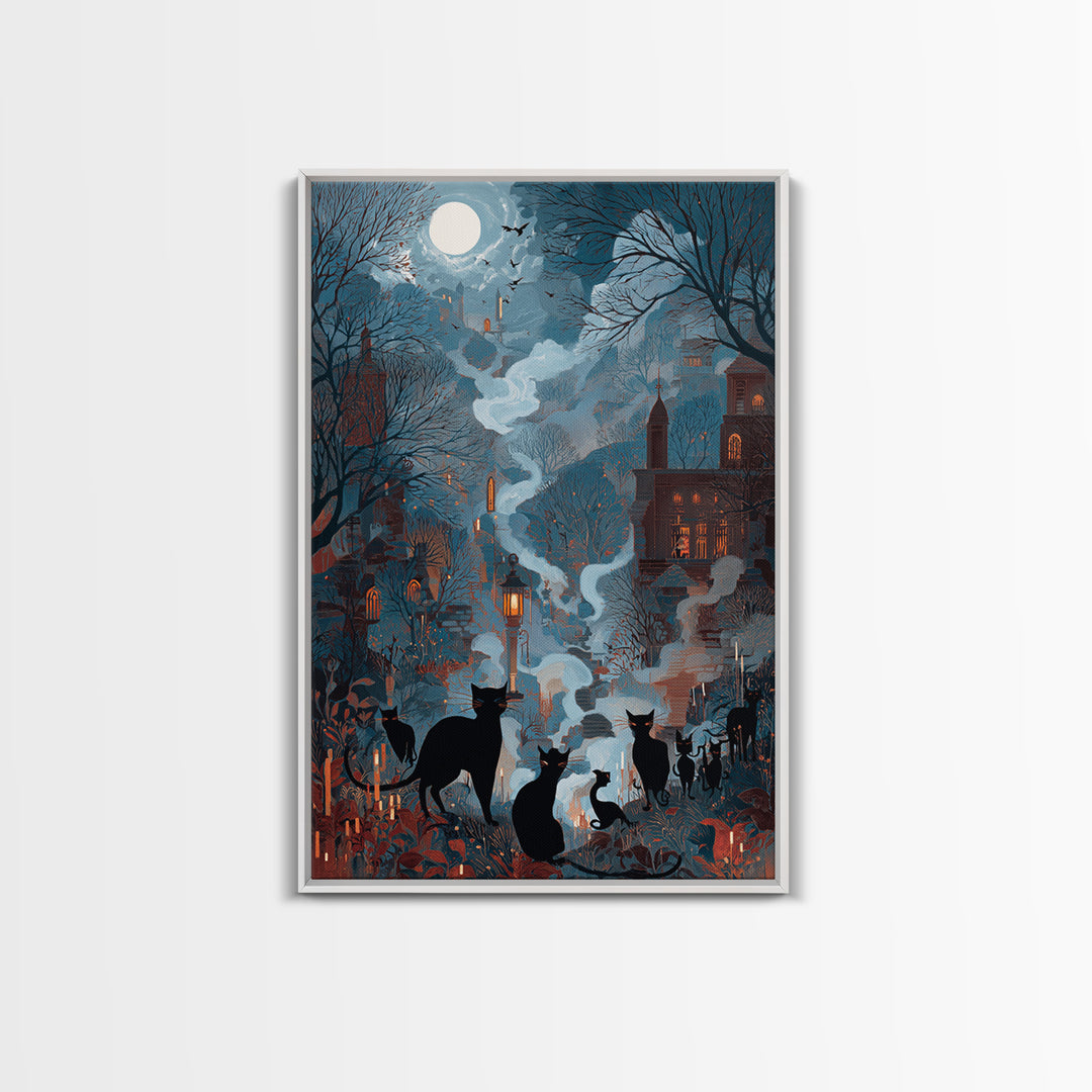 The Moonlit Cat Masquerade - Environmental Panorama, Dark Fantasy Wall Art, Vertical Wall Art, Canvas Print, Halloween Home Decor