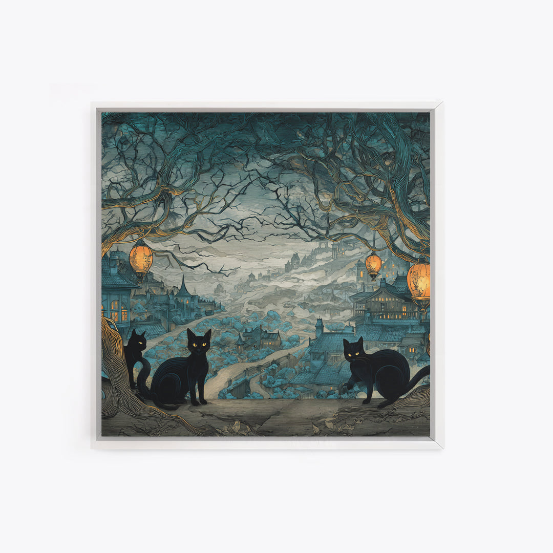 The Moonlit Cat Masquerade - Environmental Panorama, Spooky Wall Decor, Square Wall Art, Framed Canvas Print, Halloween Home Decor